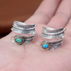 Unique fashion jewelry 925 sterling silver retro thai silver feather open adjustable ring turquoise for women