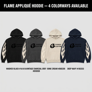Sweat à capuche oversize en molleton de coton noir délavé avec appliqué flamme et poche, idéal pour le streetwear - Product Image 6