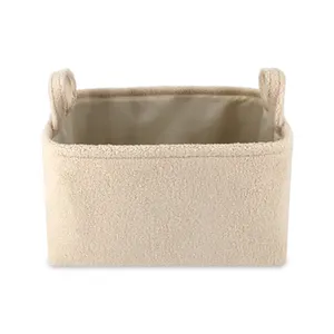 Khaki Teddy Fabric Toy Storages Bag Underwear Organizer Basket With Handles