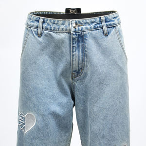 Customizable High Quality Streetwear <strong>Jeans</strong> with Heart Embroidery, Loose Straight Leg <strong>Denim</strong> Pants for Men &amp; Women - Product Image 4