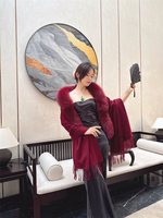 WJ [Flowing Cloud Yarn] Poncho en poils de chèvre et fourrure de renard avec col en fourrure de renard, robes de mariée, cheongsams, vêtements d'extérieur rétro de style chinois