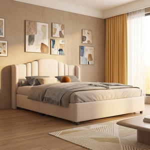 <span class=keywords><strong>Letto</strong></span> con <span class=keywords><strong>Testiera</strong></span> Curva Imbottita in Velluto, Multipannello a Strisce Verticali, Colore Crema Beige, per Arredamento Minimalista - Product Image 1