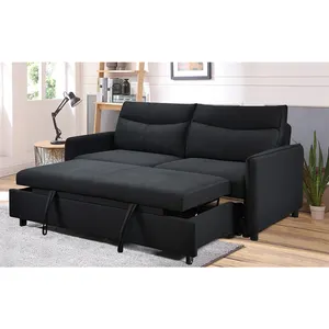 Diskon besar linen hitam bersirkulasi menghemat ruang ruang tamu set sofa konversi tempat tidur tiga dudukan sofa modern furnitur tempat tidur