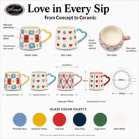 Tasse à café en céramique avec poignée en forme de cœur jaune et rouge, impression XOXO, emballage personnalisé, vente en gros, mug pour la Saint-Valentin