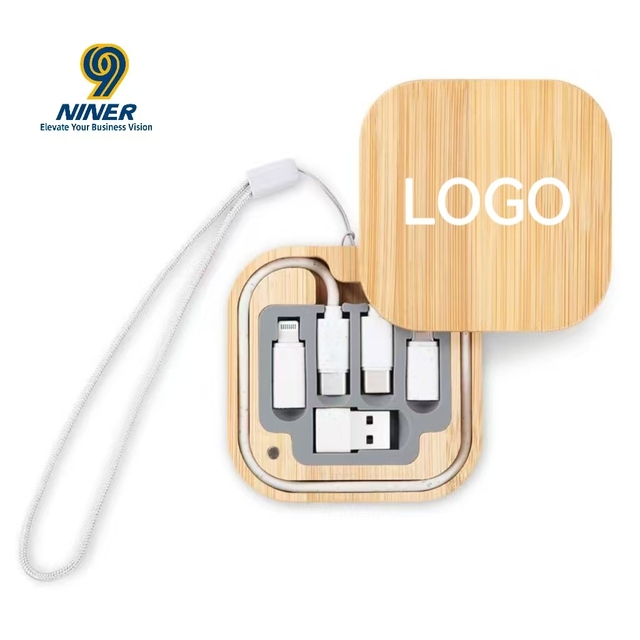 Biodegradable Bamboo Data Cable Fast Charging Portable Storage Box Multifunctional Adapter Custom Logo