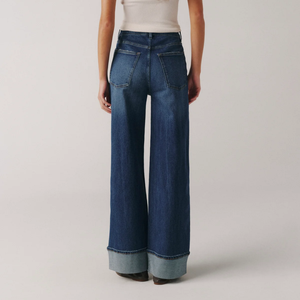 OEM Womens High Waist Wide Leg Denim <strong>Jeans</strong> <strong>Turn</strong> <strong>up</strong> Hem Long Length Straight Fit Vintage Wash Custom OEM Designer Pants - Product Image 2