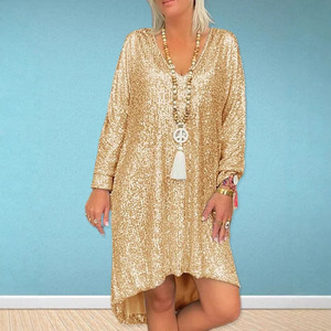 <b>Sequined</b> Shirt Dress V-Neck Asymmetric Loose Fit Cocktail Dress Gold Long Sleeve Women's Party Wear - Product Image 1