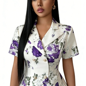 ชุดแฟชั่นใหม่สำหรับผู้หญิงฤดูใบไม้ผลิ/ฤดูใบไม้ร่วง - เสื้อลำลองพิมพ์ลายดอกไม้สุดหรูและกระโปรงสั้น ชุดแฟชั่น 2 ชิ้น - Product Image 4