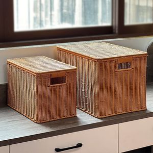 Wicker Laundry Basket Rectangle With Lid Dustproof Clothing Organizer <b>Storage</b> <b>Bin</b> For Home Closet Use - Product Image 2