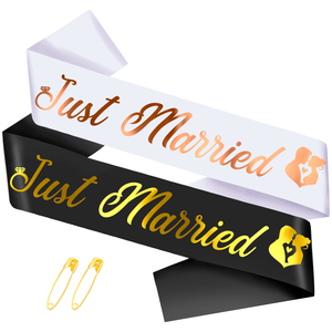 Kit Fascia in Raso 'Just Married' per Sposi, Set da 2 Pezzi con Stampa in Lamina Dorata, Accessori per Addio al Nubilato e Addio al Celibato, Staccabile - Product Image 1