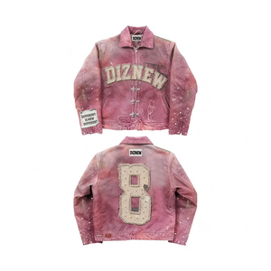 جاكيت جينز رجالي مخصص من DiZNEW، تصميم عصري بشعار مخصص، فضفاض بطراز قديم مع غسيل وتآكل ومرصع بالأحجار - Product Image 3