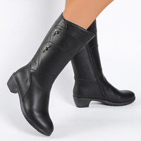 Bottes en cuir pour femmes, hauteur genou, bout rond, talon carré, fermeture éclair latérale, décorations métalliques, bottes d'équitation chaudes, noires