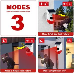 Alarme solaire extérieure sans fil 120dB Capteur infrarouge <span class=keywords><strong>de</strong></span> lumière <span class=keywords><strong>sonore</strong></span> <span class=keywords><strong>Détecteur</strong></span> <span class=keywords><strong>de</strong></span> <span class=keywords><strong>mouvement</strong></span> PIR Télécommande Alarme antivol pour la maison - Product Image 3