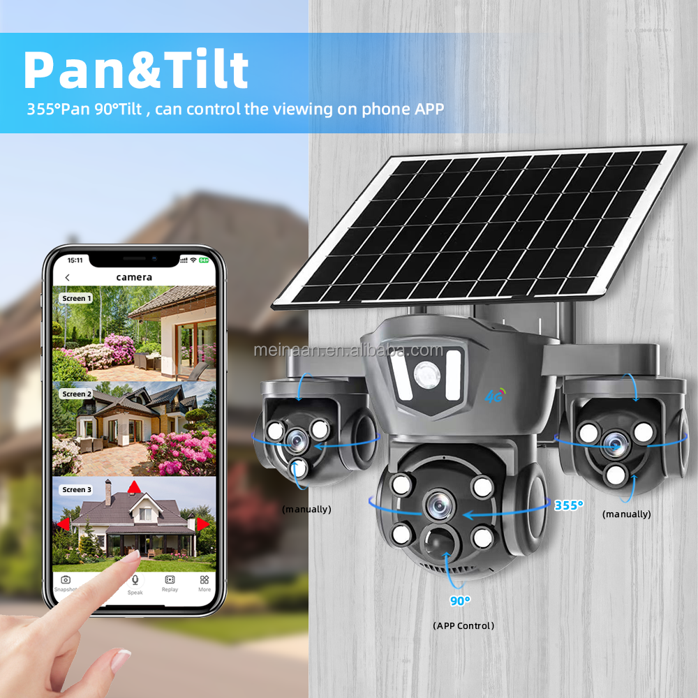 V380 Pro 4Gネットワークソーラーパネルカメラ 3レンズ型屋外CCTV