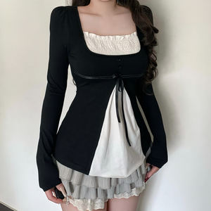 เสื้อยืดแขนยาวผู้หญิงทรงเอไลน์เข้ารูป แต่งสีสันแบบคัลเลอร์บล็อก ดีไซน์เลเยอร์ ตัดต่อผ้าแบบแพทช์เวิร์ค สไตล์ลำลอง ผ้าถัก - Product Image 4