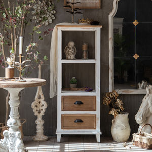 Innova Best Seller Living Room Accent Antique Handmade White <b>Corner</b> Wood Cabinet <b>Shelves</b> with 2 Drawers - Product Image 2