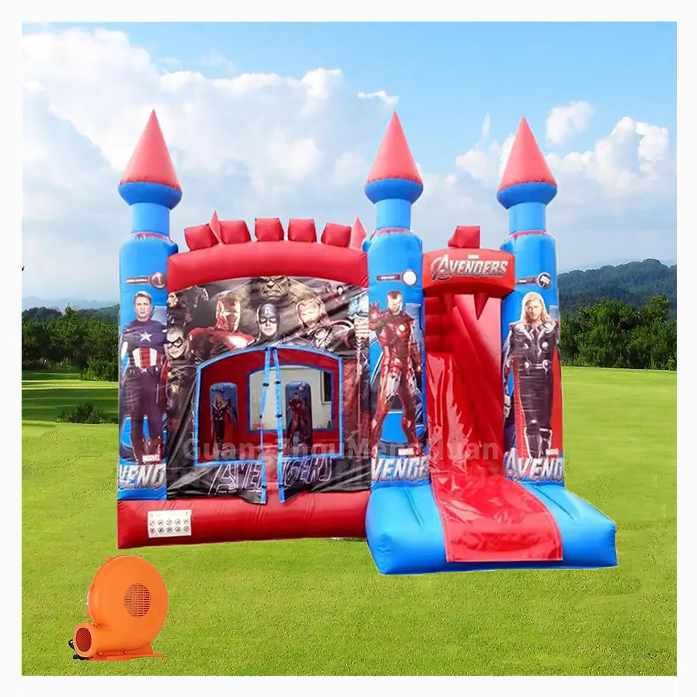 Corrediça inflável para castelo de super-heróis ao ar livre, casa inflável com corrediça para crianças