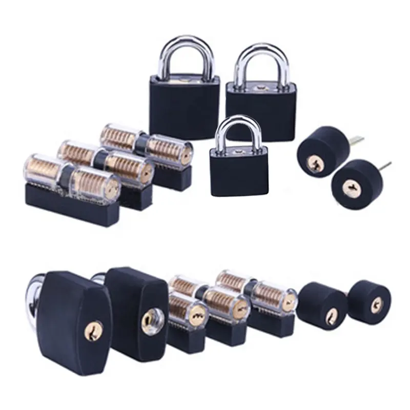 AJF Professional Practice Cutaway Transparent Door Lock Cylinder and Padlock with black covering for Locksmith Beginner (7pcs)