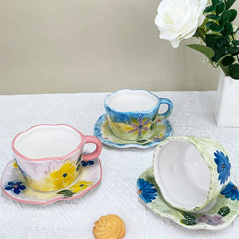 ZC INS High appearance gift mugs Niche hand-painted flower design office teacup Creative ceramic coffee cup saucer