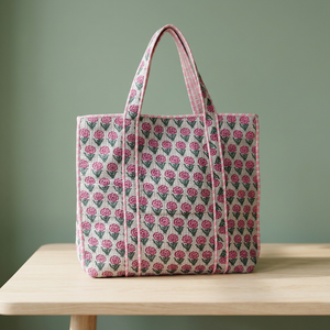 Cotton Hand Block Printed Quilted Tote <b>Bags</b>, Traditional Indian Tote <b>Bags</b>, Handcrafted Tote <b>Bags</b> with Hand Block Prints Tote <b>Bag</b> - Product Image 1