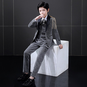 Costumes pour enfants haut de gamme, ensemble de smoking <span class=keywords><strong>gris</strong></span> 3 pièces sophistiqué pour garçons, <span class=keywords><strong>blazer</strong></span> à simple boutonnage pour les fêtes - Product Image 1