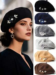 Béret en polaire personnalisable orné de strass floraux, élégant chapeau d'<span class=keywords><strong>hiver</strong></span> vintage pour <span class=keywords><strong>femme</strong></span>, idéal pour le quotidien, les sorties et les fêtes - Product Image 1