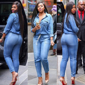 Neuankömmling Plus Size Hellblau Bandage Jeans Jumps uit für Frauen Langarm One Piece Slim Casual Denim Jumps uit Patchwork - Product Image 3