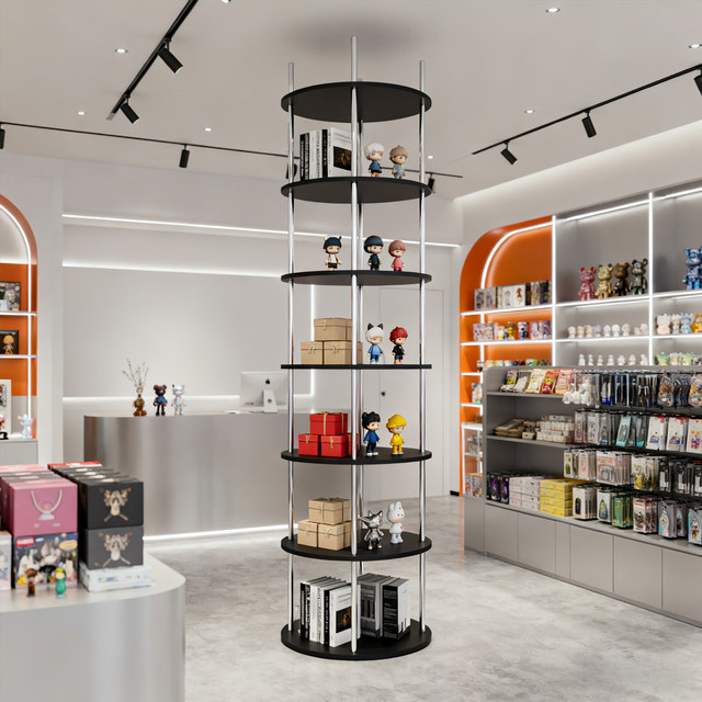 Hand-made Commercial Round Stainless Steel Display Rack with 6 Shelves Floor-standing Rust-proof Cosmetic Bag Storage Shelf