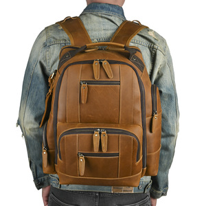 Men's Crazy Horse <b>Leather</b> <b>Backpack</b> 15.6 Inch <b>Large</b> Capacity Multi Compartment Retro Style Business Travel Shoulder Bag - Product Image 4