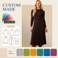 Robe midi en tricot côtelé en coton, col rond, manches longues, ourlet plissé, pour toutes les occasions