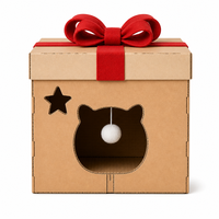 Boîte-cadeau en carton ondulé pour chat avec entrée en forme de tête de chat, découpes en forme de patte et nœud rouge