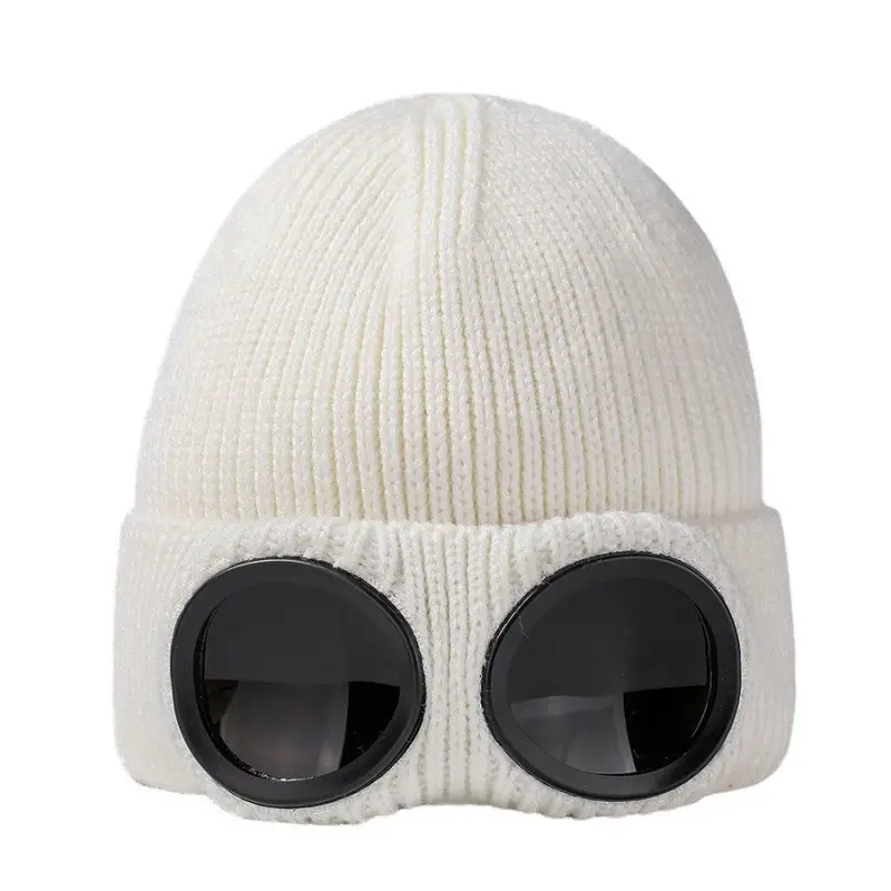 HB 남여 공용 고글 겨울 비니 모자 100% 아크릴 따뜻한 니트 해골 모자 이동식 안경 유행 기능성 야외 모자