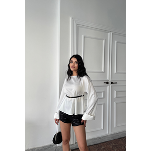 Chemisier en satin blanc ceinturé pour femme, hauts formels longs en mousseline de soie et popeline avec broderie florale et dentelle, tailles XS à XL - Product Image 2