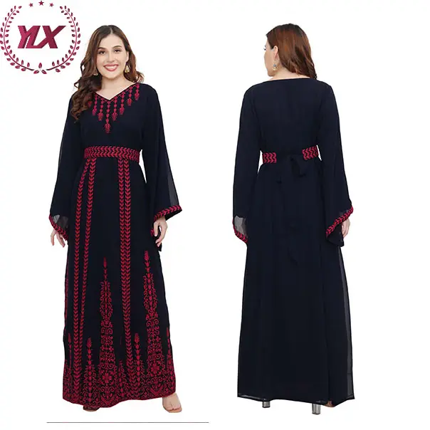 Naher Osten New Veil Muslim Dubai Frauen Plain Cloth Kleid Arab Langarm Demure Robe Faden Stickerei Maxi kleid Moden Kaftan