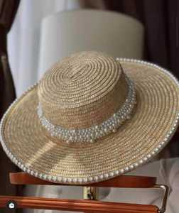 Amader — chapeau de paille de blé pour femme, pare-soleil à la mode, en forme de bateau, perles <span class=keywords><strong>Petra</strong></span> naturelles, nouvelle collection été - Product Image 5