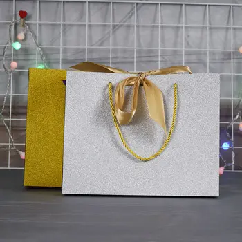 Оптовая продажа, блестящая золотая лента, пользовательский цвет, высокое качество, упаковка для покупок, Подарочная бумажная сумка