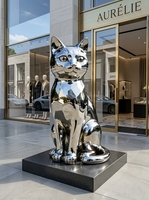Escultura de Gato en Acero Inoxidable Pulido Espejo, Estilo Contemporáneo, Estatua de Gato Metálica Personalizada para Patio de Villa o Plaza