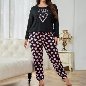 Automne et hiver <span class=keywords><strong>grande</strong></span> <span class=keywords><strong>taille</strong></span> femmes pyjamas pêche coeur imprimé col rond à manches longues pantalon deux pièces décontracté vêtements de maison - Product Image 3