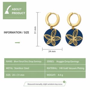 Boucles d'oreilles pendantes en acier inoxydable plaqué or 14 carats, motif floral bleu, cinq pétales, style Huggie Hoop - Product Image 2