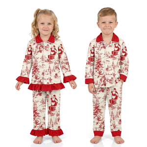 Ensemble de pyjamas de Noël assortis pour frères et sœurs, manches longues, pantalon long, imprimé vintage Père Noël, col rouge, vêtements de nuit pour enfants - Product Image 1