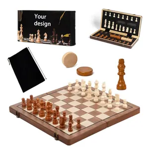 15 inch Wooden Folding Chess Checkers Set 3 inch King Height Staunton Chess Pieces 2 Extra Queens Maple