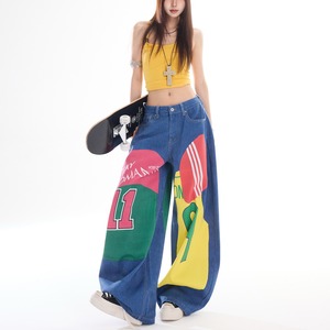 <span class=keywords><strong>Jeans</strong></span> a Gamba Larga con Stampa Grafica Y2K per Donne, Pantaloni in Denim Patchwork a Vita Alta, Streetwear Multicolore, Pantaloni Hip Hop - Product Image 6