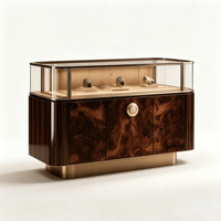 Îlot de présentation de bijoux circulaire de luxe sur mesure, vitrine ronde pour montres en bois de burl avec éclairage LED et armoire de rangement