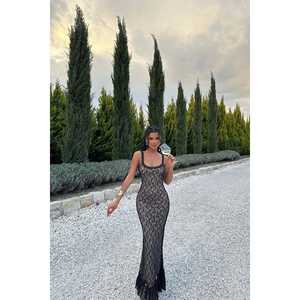 Robe en dentelle noire pour femme Khloe, robe de soirée de luxe moderne, robe de bal à volants, robe de soirée longue avec décoration florale, du XS au XL - Product Image 5