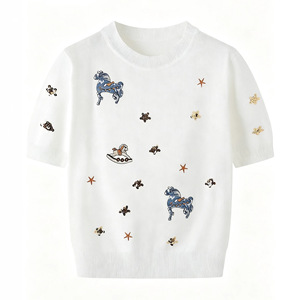 Dalang Sweater Factory <b>Women's</b> Embroidered Knitted Short Sleeve <b>Top</b> Crew Neck <b>Sequin</b> Pony Design Loose Fit Soft Knitwear - Product Image 1