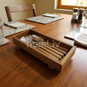 Plateau à couverts décoratif en teck naturel fait main, organisateur de couverts en bois massif durable, boîte de rangement pour ustensiles, vaisselle - Product Image 2