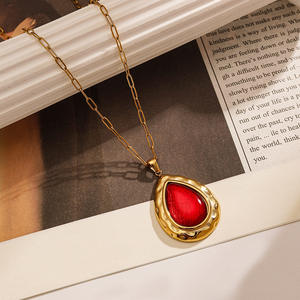 Stainless Steel Teardrop Pendant <b>Necklace</b> <b>Ruby</b> Inlay 18K Gold Plated Bohemian Style Adjustable Chain Fashion Jewelry - Product Image 1