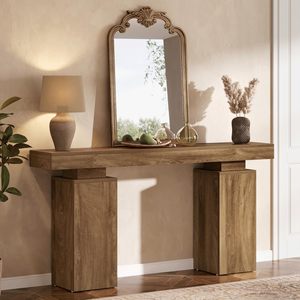 Mesa Consola Rústica de Roble Macizo SENYU con Base de Pedestal, Mueble de Estilo Antiguo Hecho a Mano para Sala de Estar o Entrada - Product Image 6