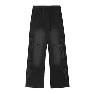 Sweatpants Supplier Custom Heavyweight French Terry Wide Straight Leg Sweatpants American Retro Star Patch Embroidery Pants Men