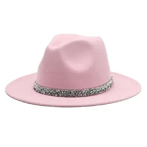 Élégant brillant bande décor femmes en gros feutre Fedora chapeau couleur unie Fedora Panama chapeaux